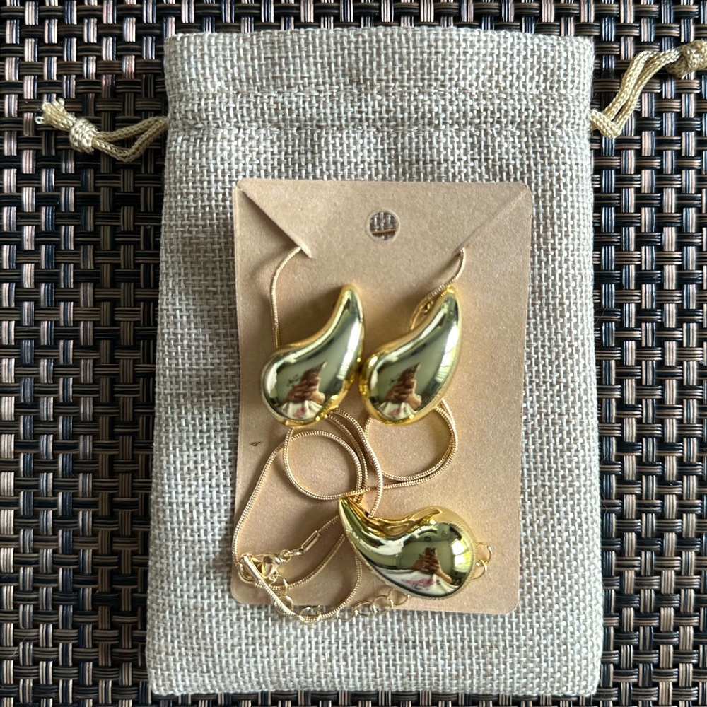 Women’s Fashion Jewelry Gold Teardrop Necklace and Earrings Set